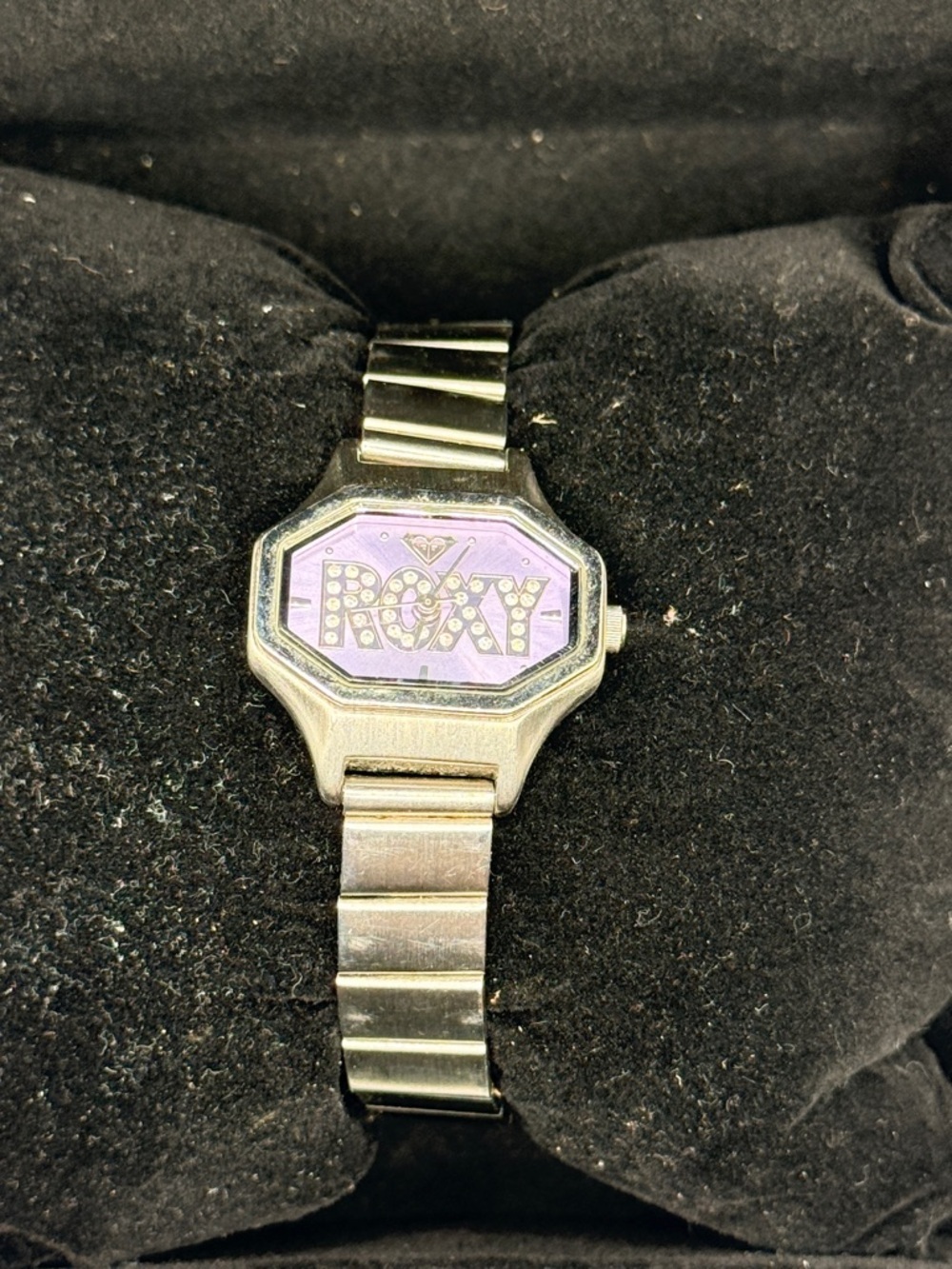 Roxy Womens Silver Tone Octagonal Watch Purple Rhinestone Logo RX445
